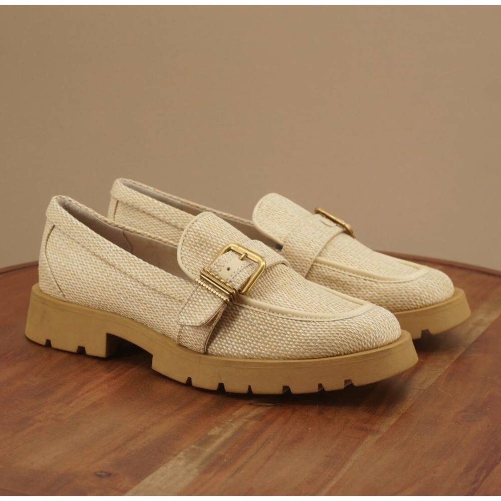 Dolce Vita Cream Loafers with Gold Buckle